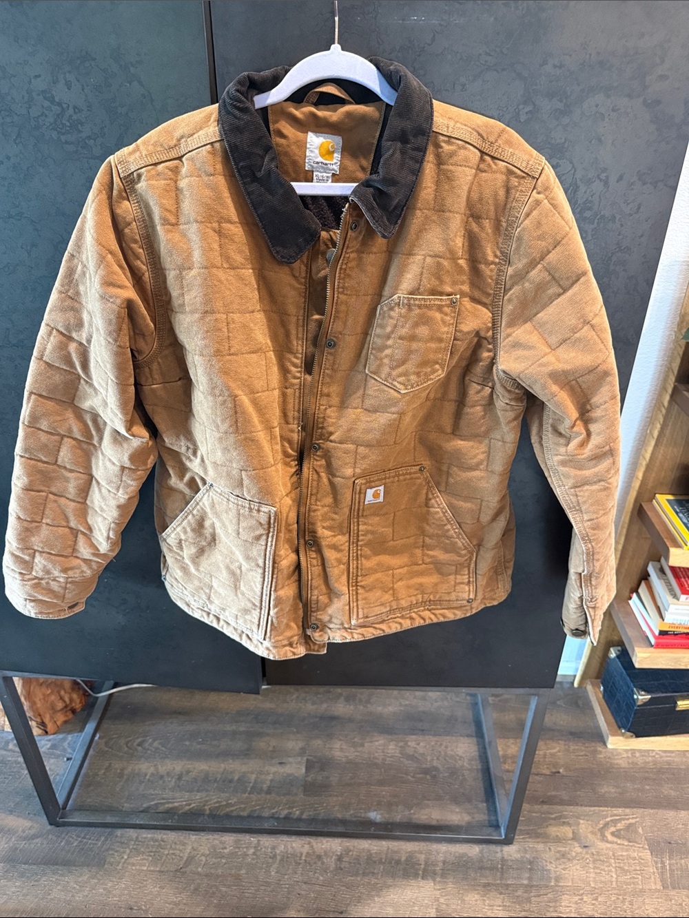 Carhartt Tan Quilted Work Jacket with Dark Corduroy Collar